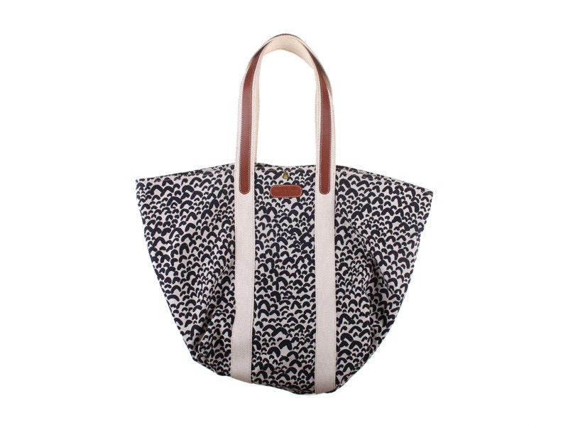 Brazzaville beach bag / tote in printed fabric with leather and cotton webbing handles