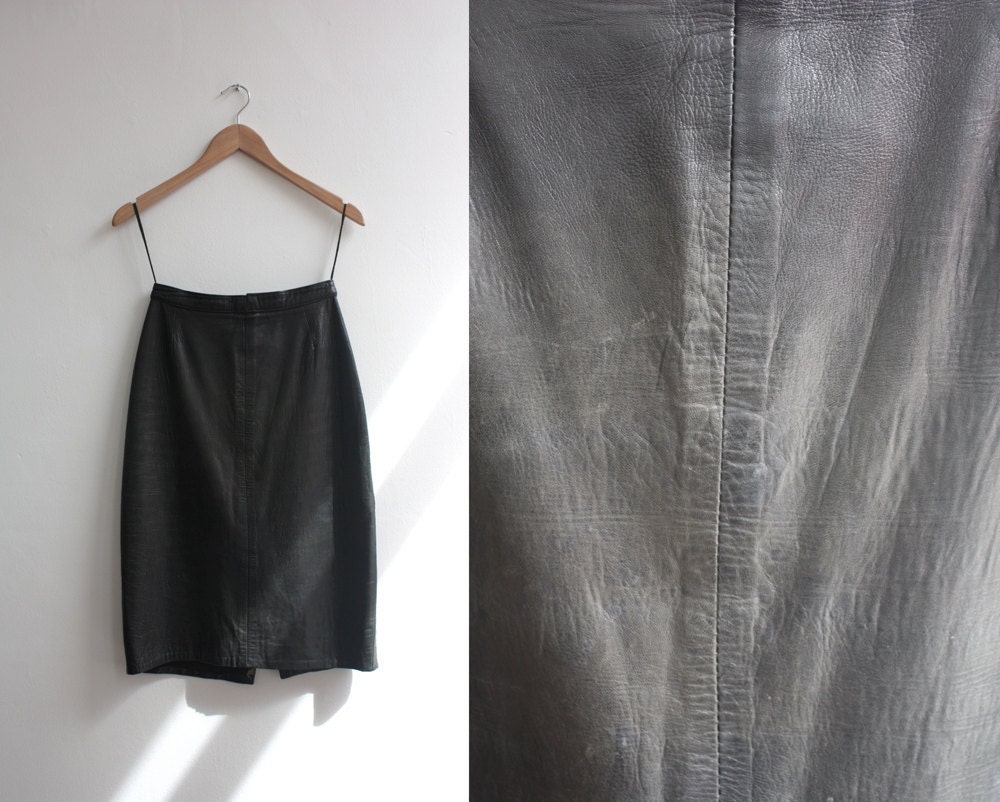 Vintage 1980s Black Leather Pencil Skirt Size S- M