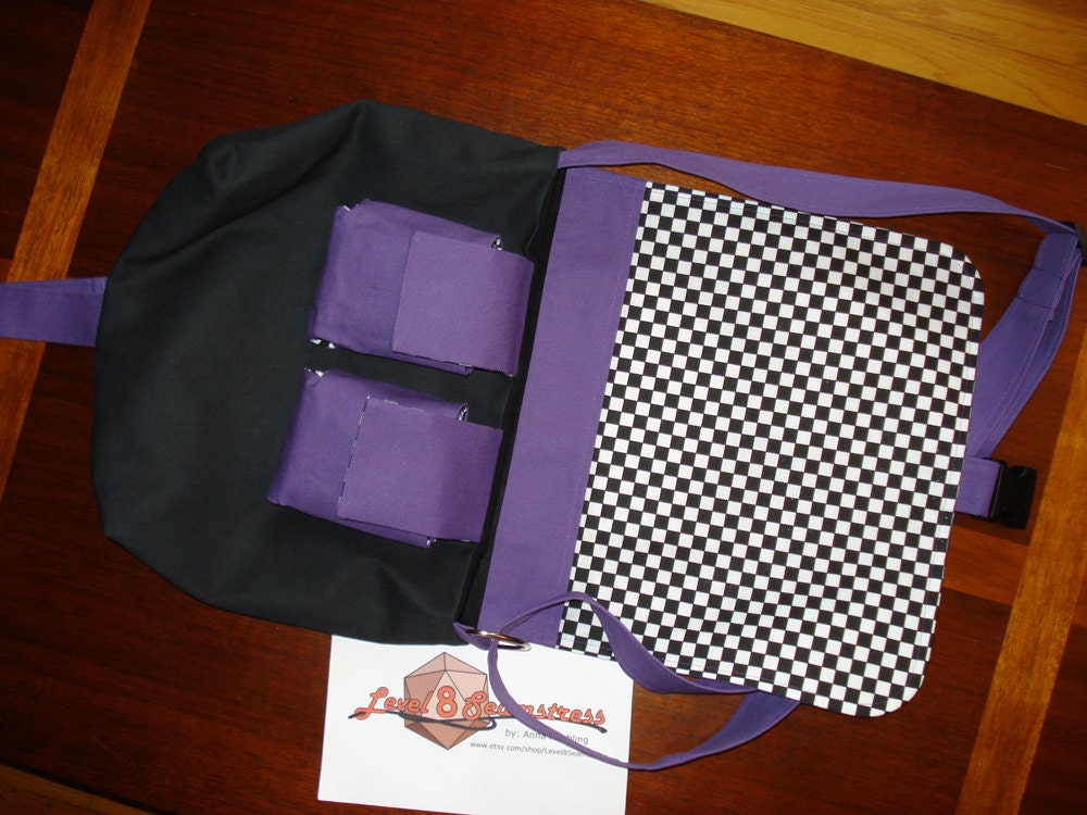 SMALL Messenger Bag for Magic the Gathering or other TCG Decks with 2 Specialty Deck Pockets in Purple Black and Checkered Fabric