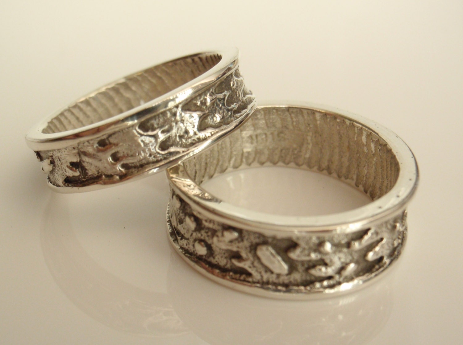 Sterling Silver Wedding Bands Rings His and Hers Custom Cuttlebone Cast
