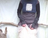 Meadow Dew Bodice, hand knitted crop bodice in denim blue wool and alpaca with Liberty of London floral panel READY TO SHIP