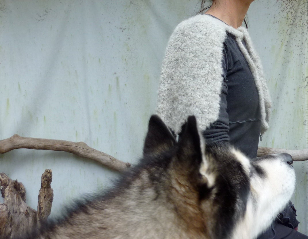 Wolfkin Capelet, hand knitted in gray Nomad wool and alpaca mix yarn with howlite gemstones, READY TO SHIP