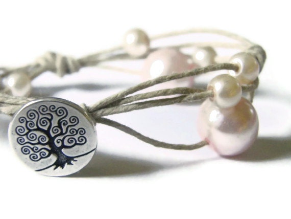 Rustic hemp and blush light pink pearl bracelet bridesmaid wedding bridal