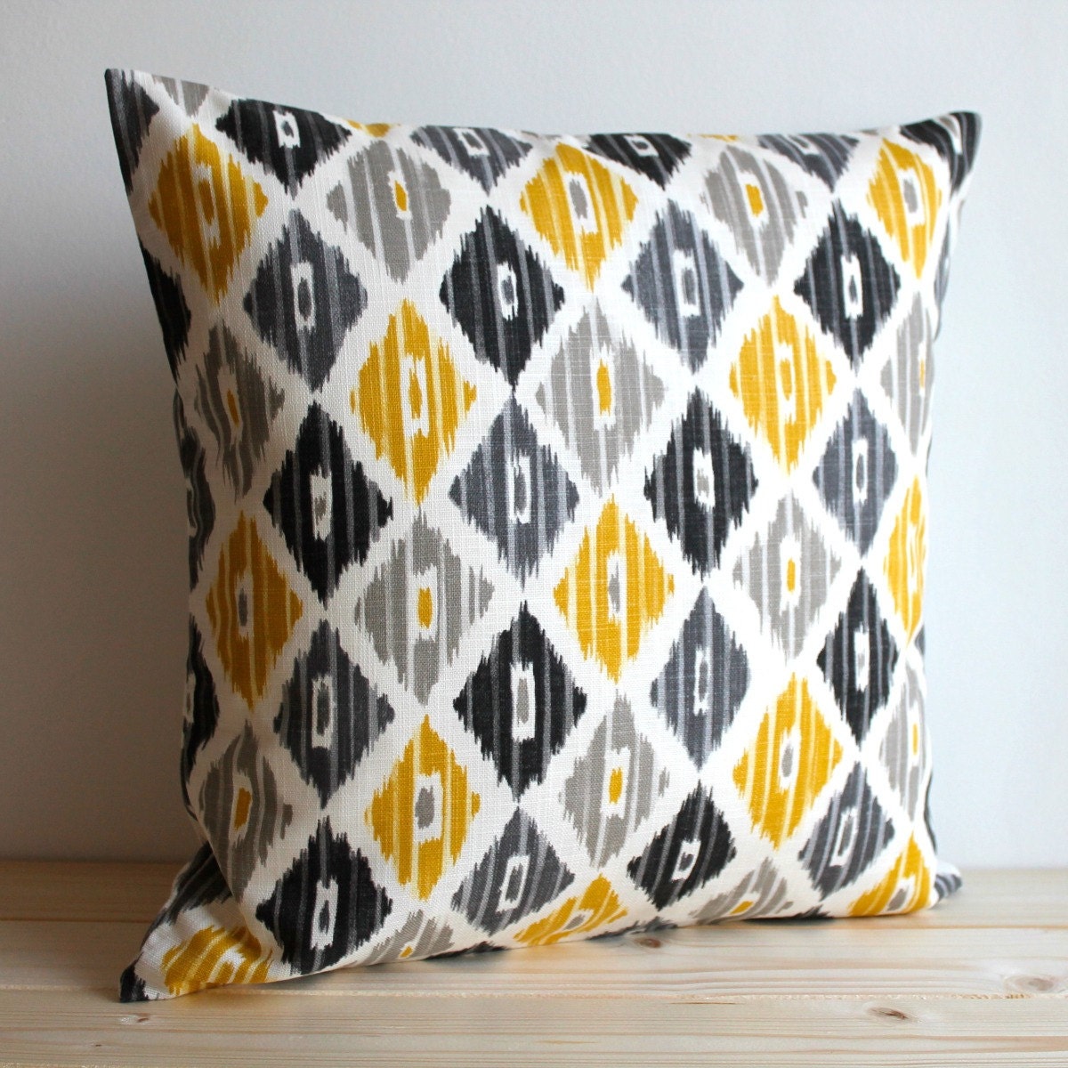 Yellow and Grey Ikat Pillow Cover - 16 x 16 Ikat Cushion - Ikat Diamond Sunshine