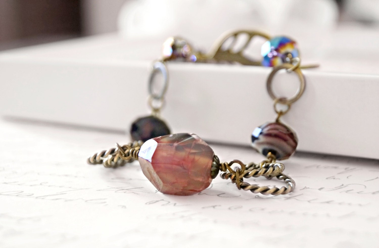 Pink Agate Stone Bracelet, Brass Bohemian Bracelet