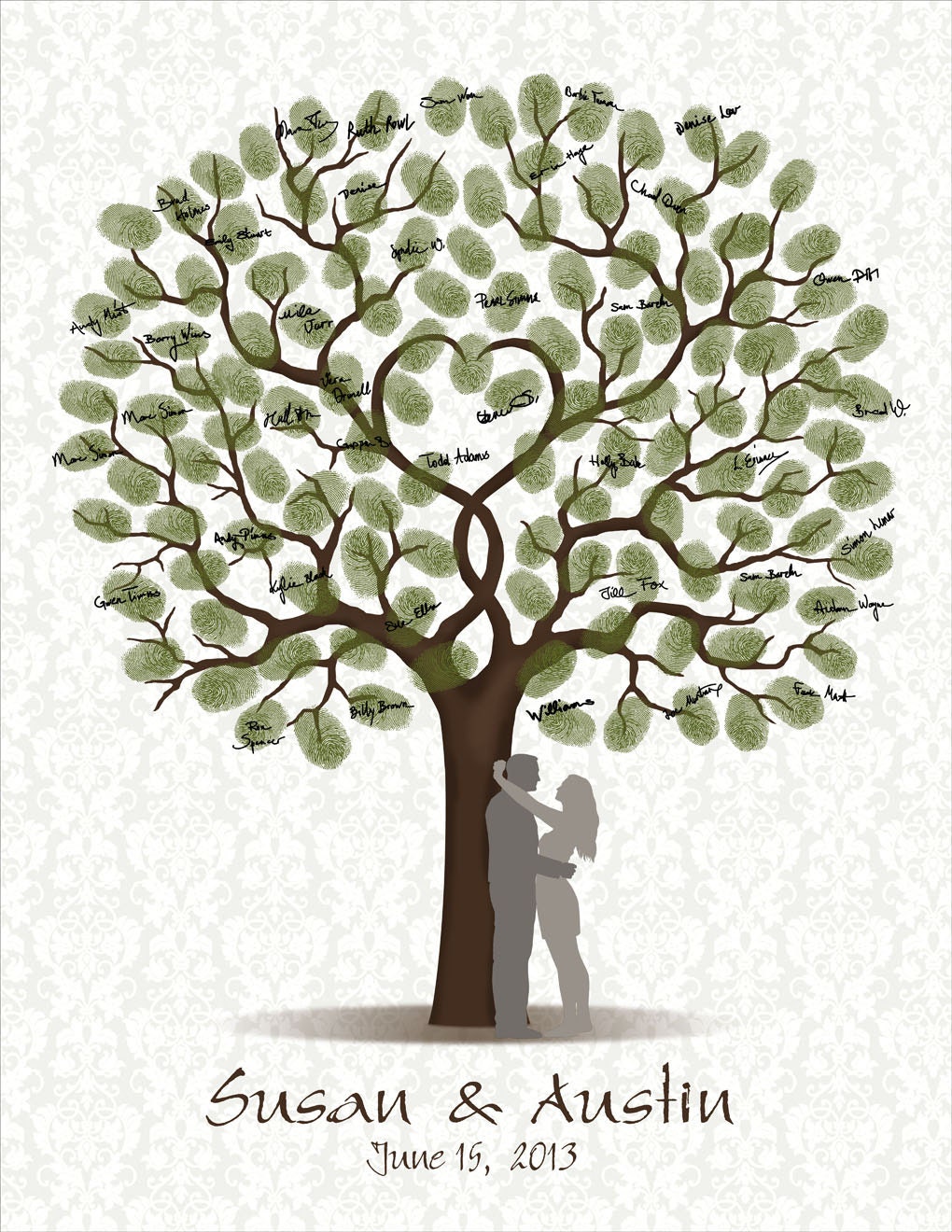 Wedding Guest Book PRINT with Couple Silhouettes 16x20 up to 115 signs or 17x22 up to 140 signs - Fingerprint Signature Tree - FAST SHIPPING