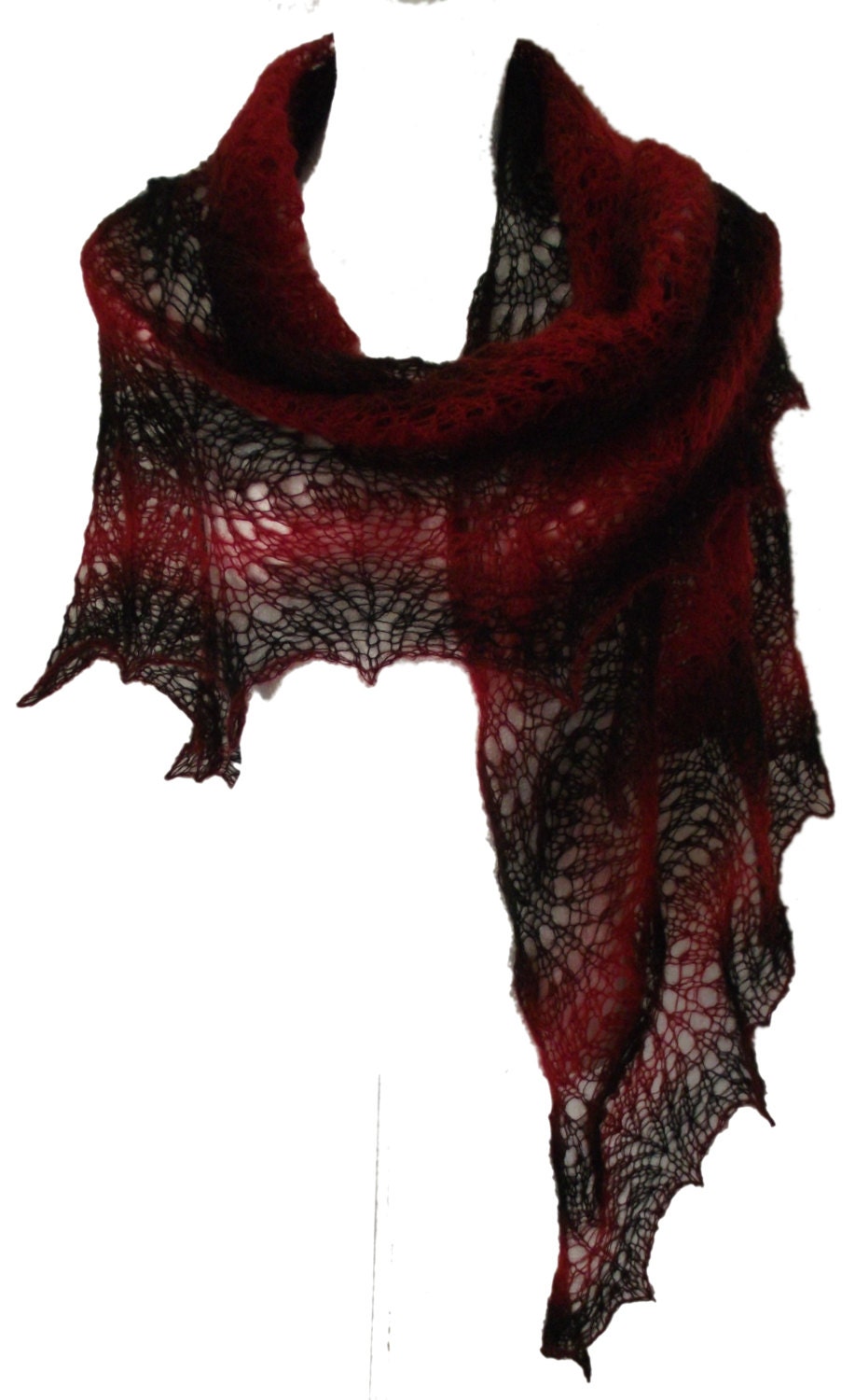 Red & black  soft delicate kid mohair lacy triangle shawl scarf Red Night