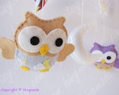 Baby Crib Mobile - Modern Mobile - Bird Owl Mobile - Violet Purple Brown Tan Owls in a White starry night(U can pick your colors)