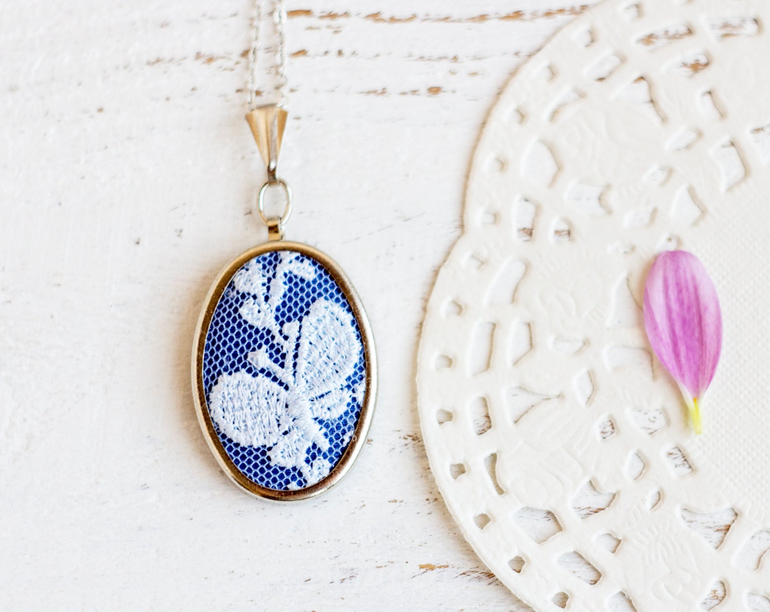 Textile necklace with blue floral / butterfly lace and blue fabric - bridesmaid jewelry, Mother's day gift