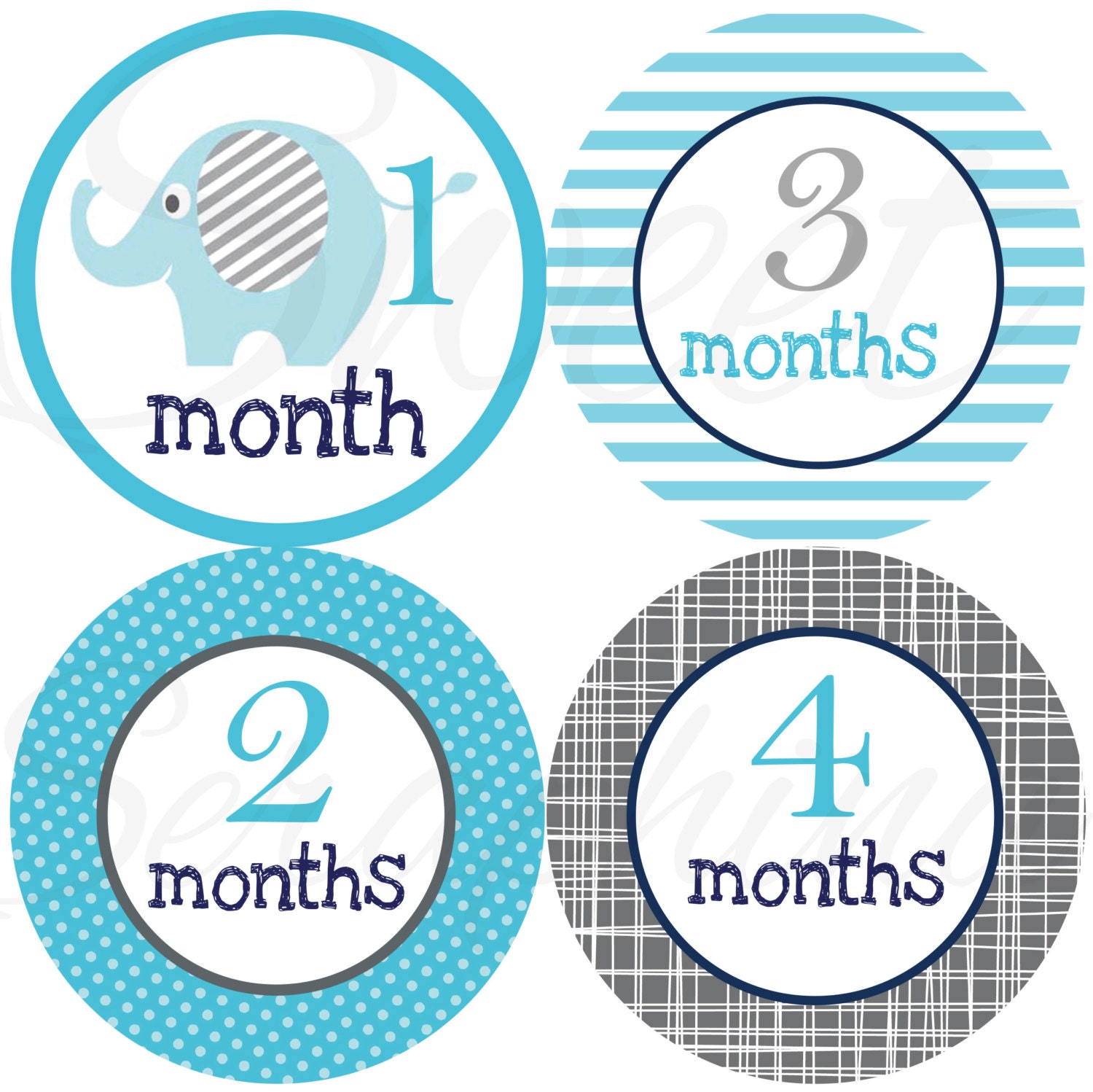 Monthly Onesie Stickers for Boys- Blue and Gray Elephants - Elephant Stickers - Babys First Year