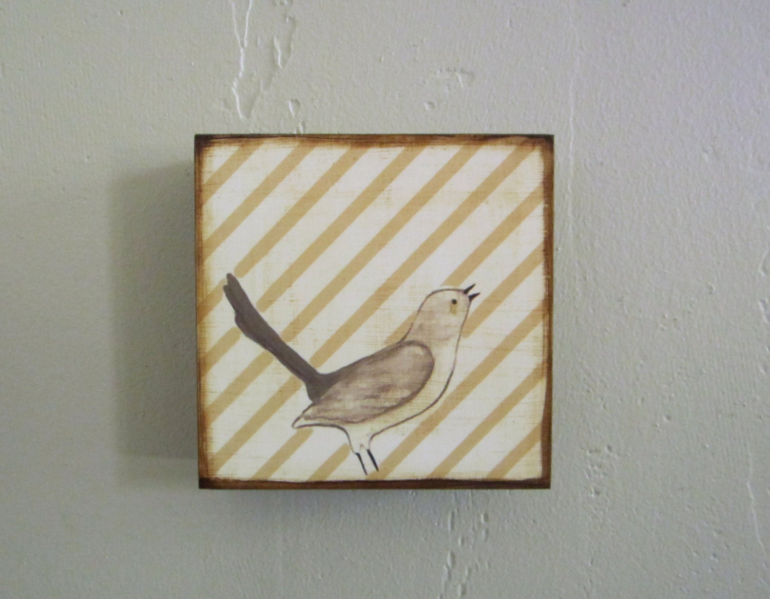 Rustic Home Decor l Mockingbird with Beige/Brown Stripes 5x5 art block on wood nature bird pattern gray red tile studio