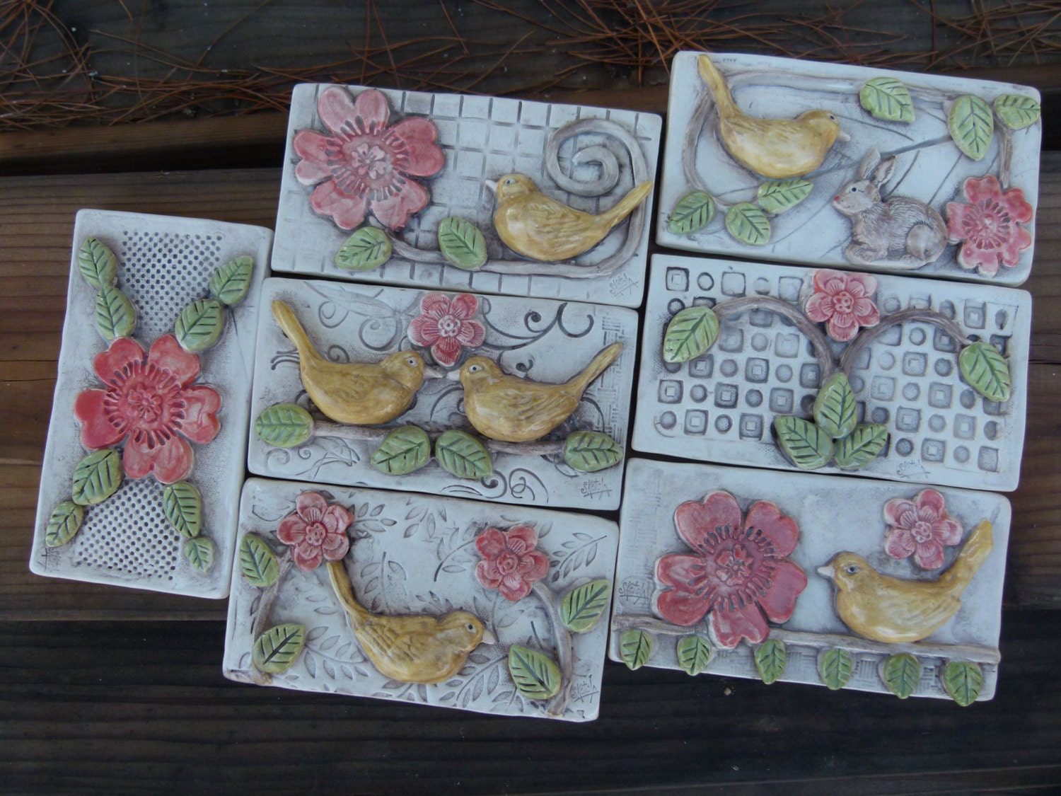 Set of 7 Tiles Assortment with Birds and flowers
