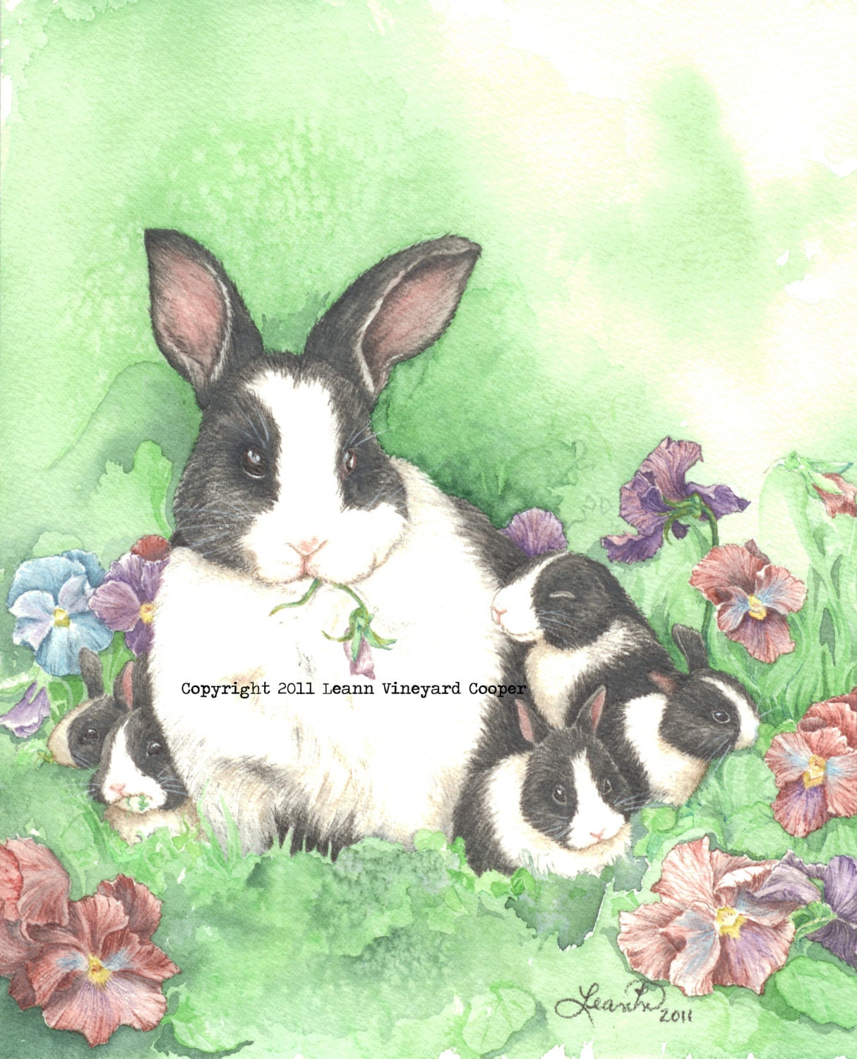 Bunnies / Rabbits drawing and painting, print - "Mama and her babies"