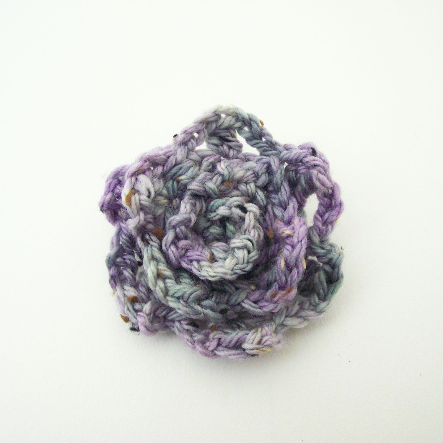Crochet flower brooch. Layered petals. Variegated purple and green