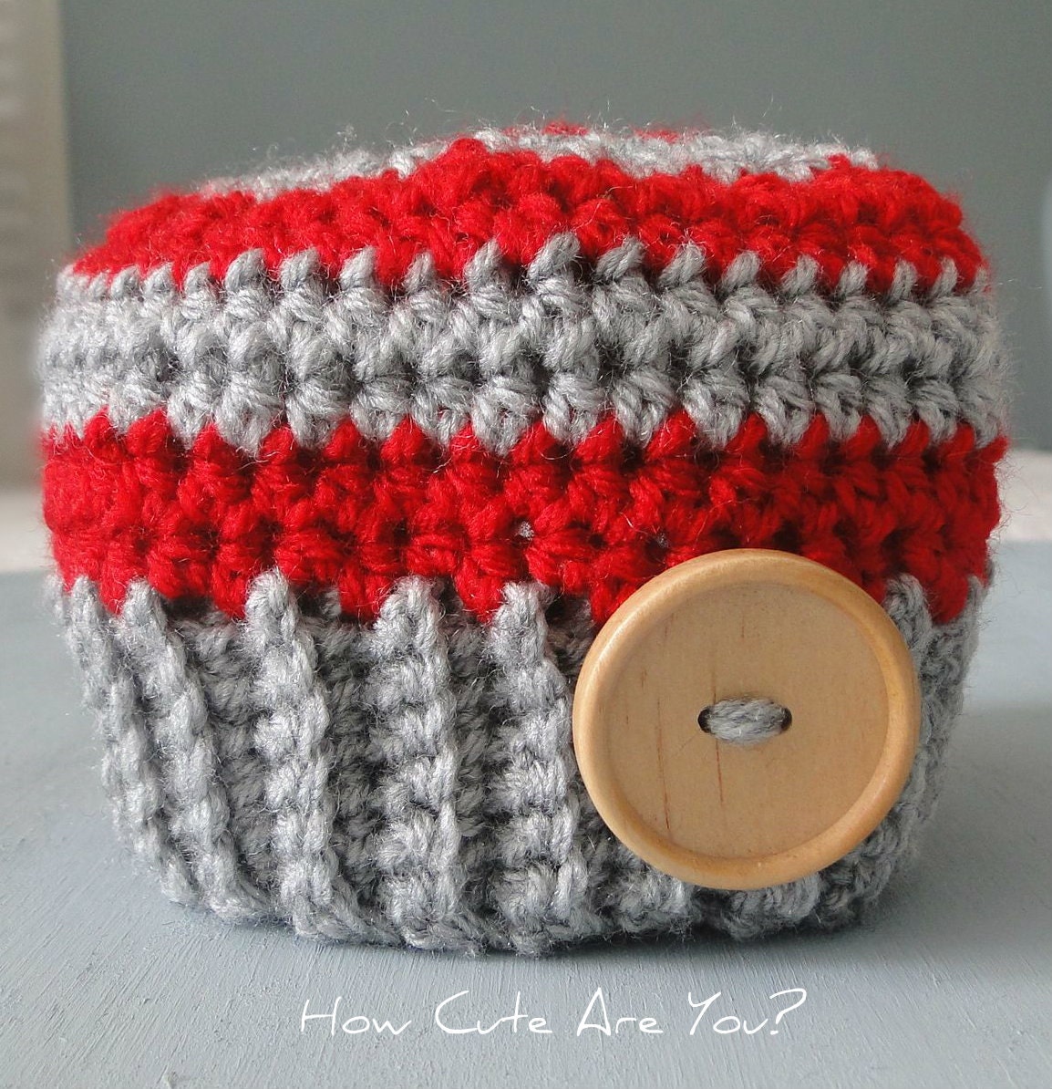 Baby Boy Hat  Gray and Red  Stripes with Wood  Button - Newborn to 6 Months - Ready to Ship