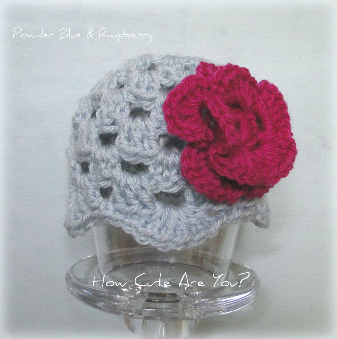 Baby Girl Hat Powder Blue Lace with Raspberry Flower Crochet Newborn to 3 Months, Made to Order