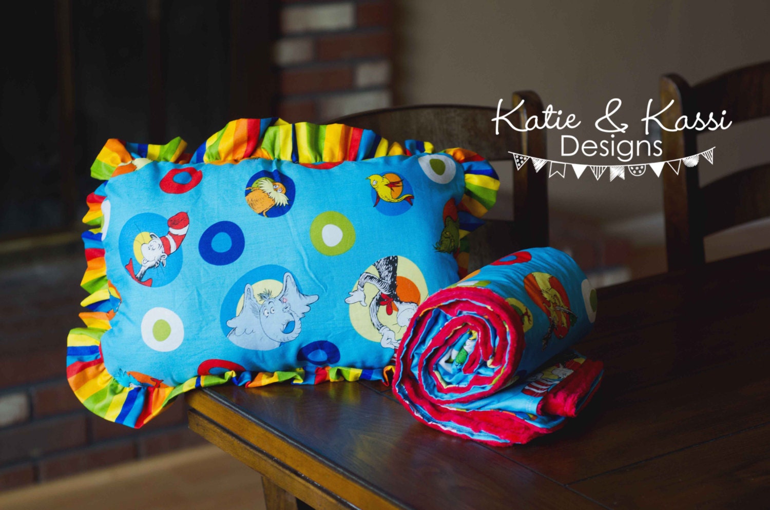 READY TO SHIP Dr. Seuss Pillow with ruffles and blanket with red minky dot