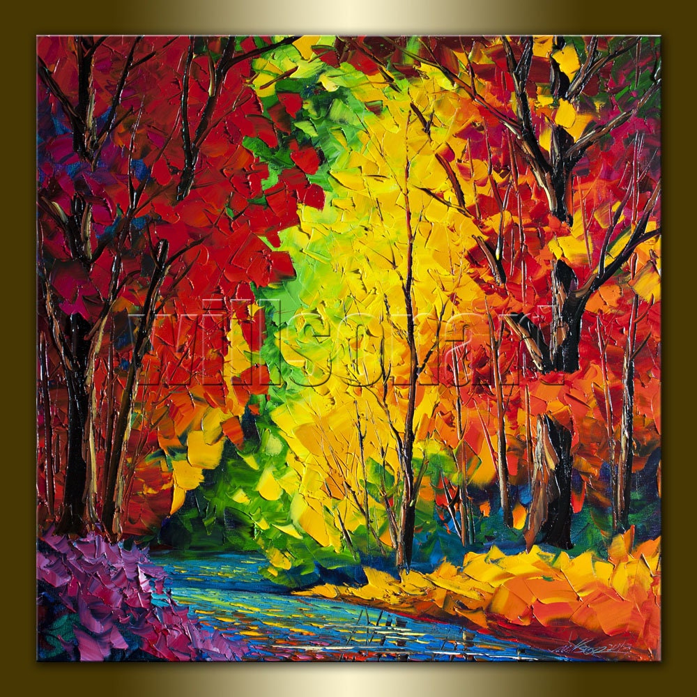Autumn Landscape Painting Seasons Textured Palette Knife Oil on Canvas Autumn Rain Abstract Modern Original Art 30X30 by Willson Lau