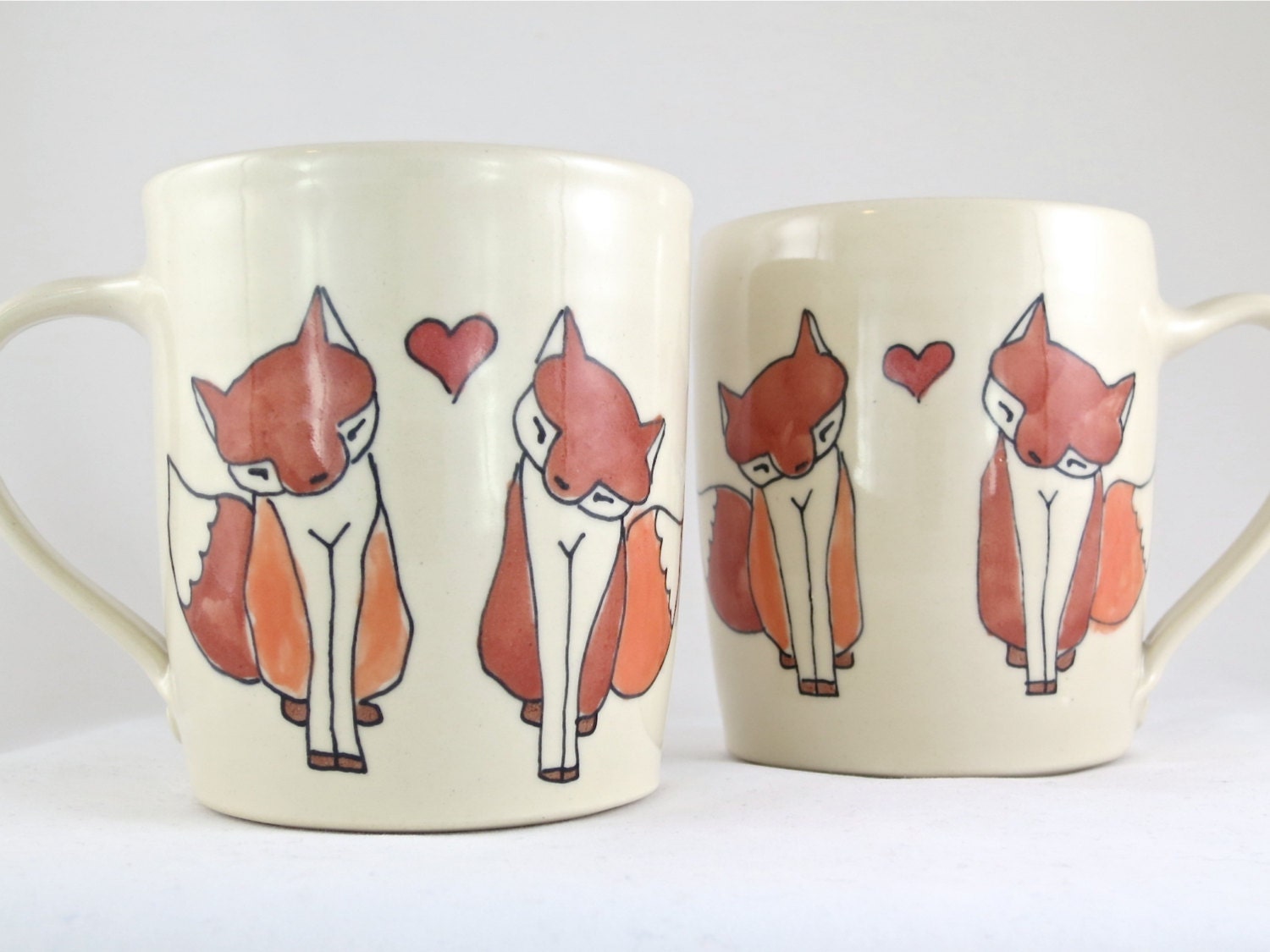 Personalized Wedding Gift - Engagement Gift - Pair of Two Matching Ceramic Mugs - Foxes in Love