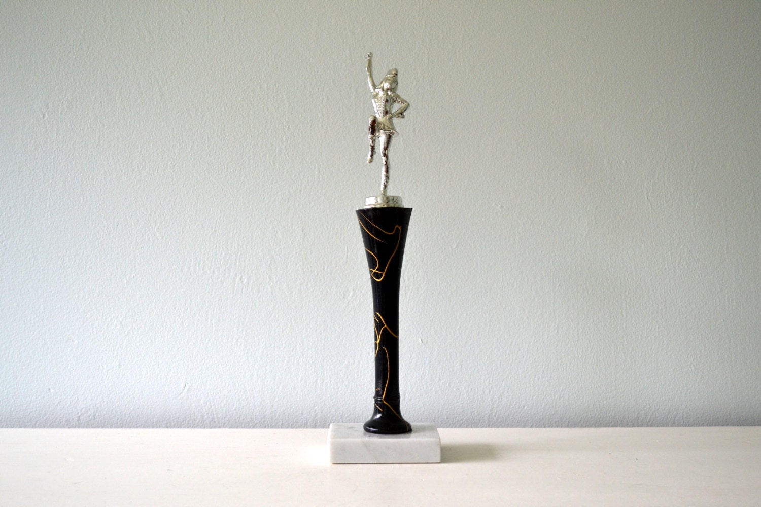 Vintage Trophy, Drum Majorette Girl, Italian Marble Base with Silver Figure and Black, Gold, High School Band, Music