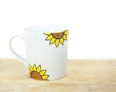 Hand Painted Ceramic Mug Tea Cup With Sunflower Summer  botanical design Minimal modern white yellow brown  kitchen decor  Decorative  Art