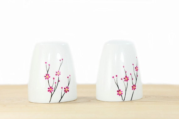 Hand Painted Ceramic Salt and Paper Shakers Blooming Cherry Tree  design modern minimalist white Kitchen Decor Decorative Ceramic Art