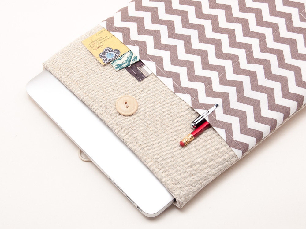 13 inch Macbook AIR case. Linen macbook case with chevron pocket and button closure. Macbook case padded. Custom orders available.