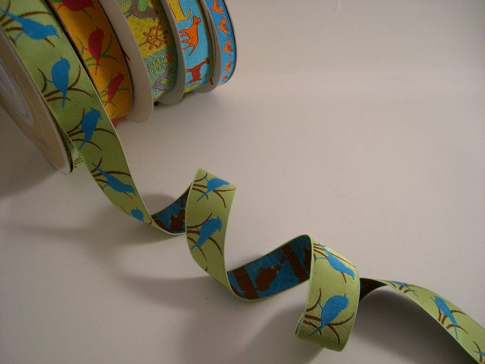 Turquoise and Green Bird Design Polyester Jacquard Ribbon--One Yard