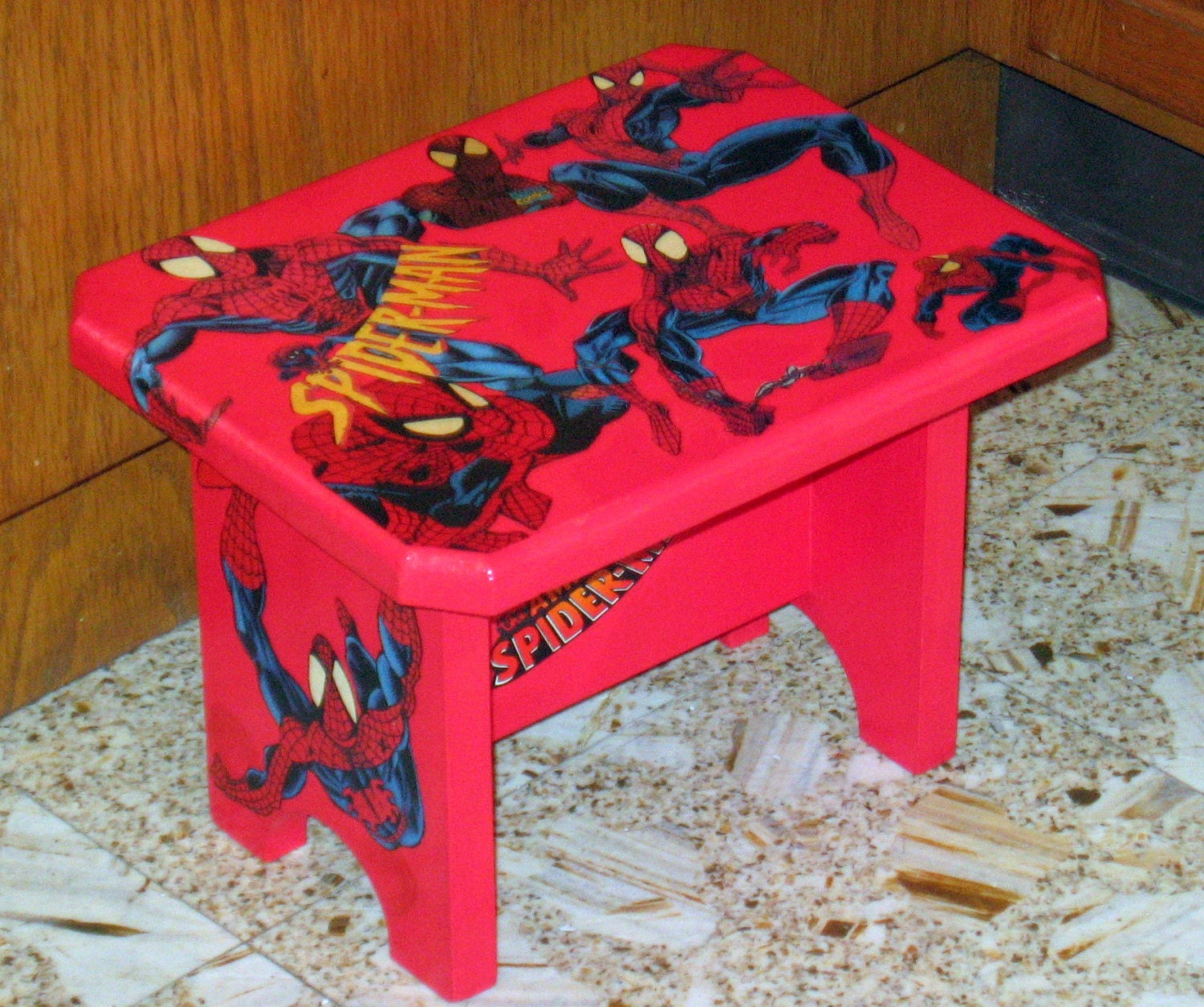 Handmade Spider-Man Decoupage Foot Stool Bench for your lil Super Fan