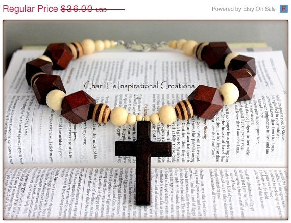 Memorial Day Sale Fabulous Brown Wood beaded Religious Cross Statement Necklace