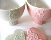 Lovely Wedding Gift Pair of Pink and Pale Green Porcelain Lace Bowl with heart lace cutlery rests set-Hideminy Lace Series