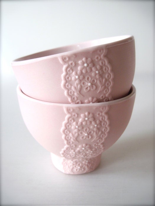 Pair of Baby Pink Porcelain Lace Bowl-Hideminy Lace Series