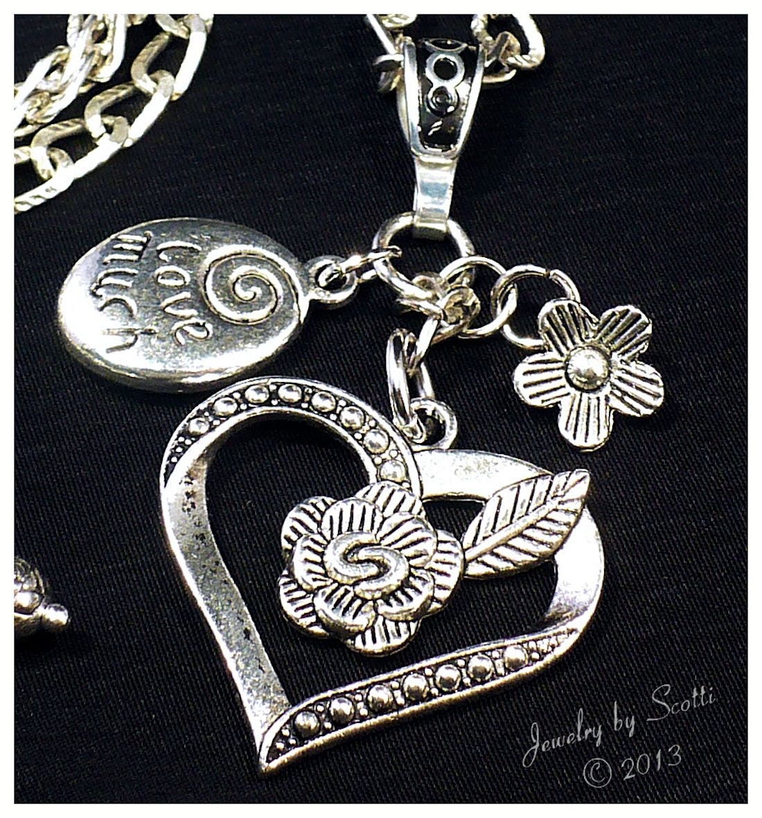 Silver Chain Heart Flower Love Charm Necklace