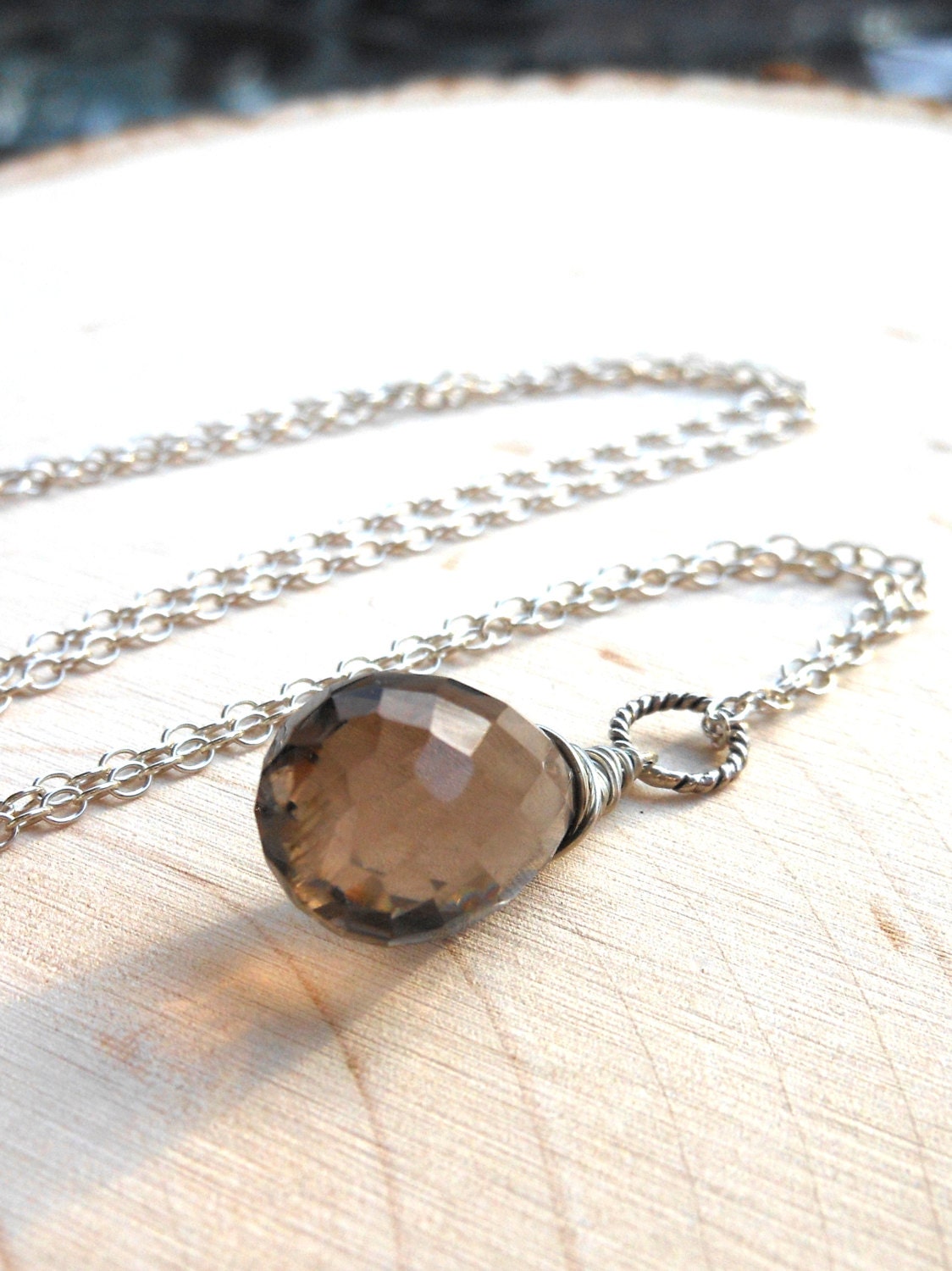 Smoky Quartz Pendant Necklace, Sterling Silver, Large Brown Briolette Gemstone Wire Wrapped
