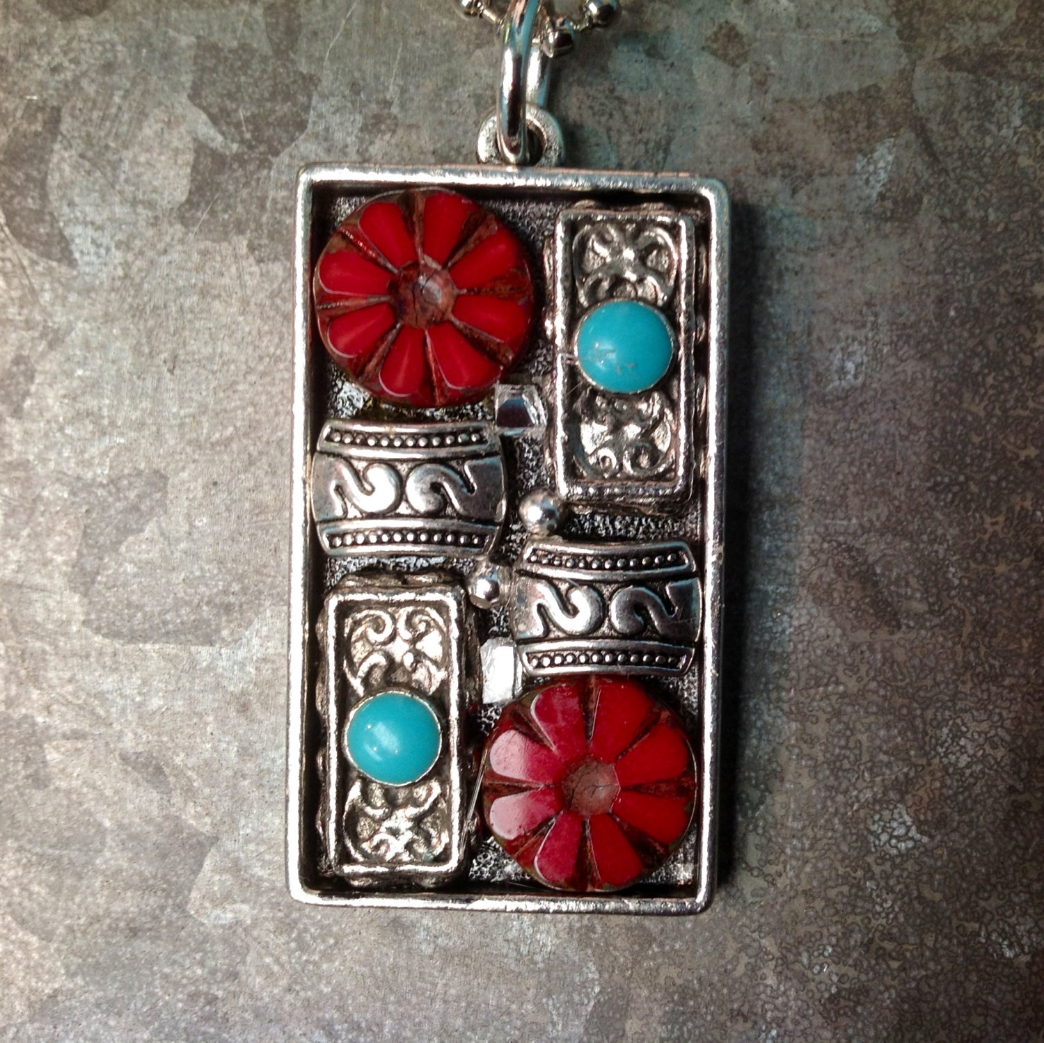 Bohemian, Mosaic, Necklace, Red and Turquoise, Flowers, Glass