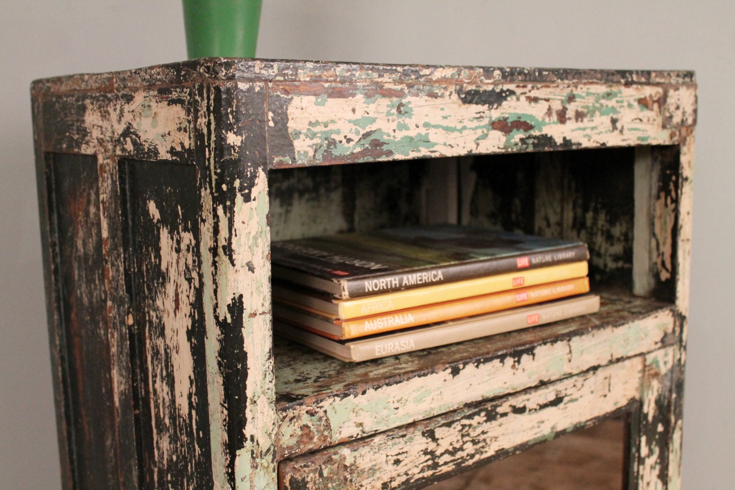 Restored Antique Industrial  Chippy Green Black Indian Storage Kitchen Bathroom Cabinet Side Table