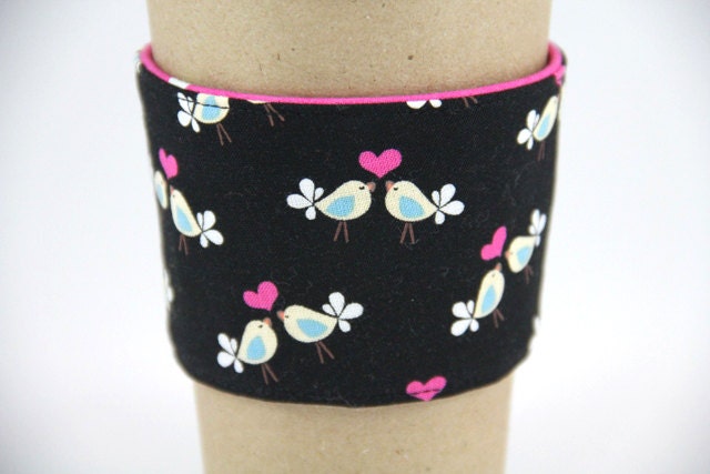 Reversible Coffee Cozy - Lovebirds - Ready to Ship
