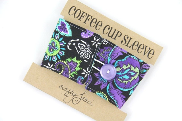 Reversible Coffee Cup Sleeve - Purple and Turquoise Paisley - Ready to Ship