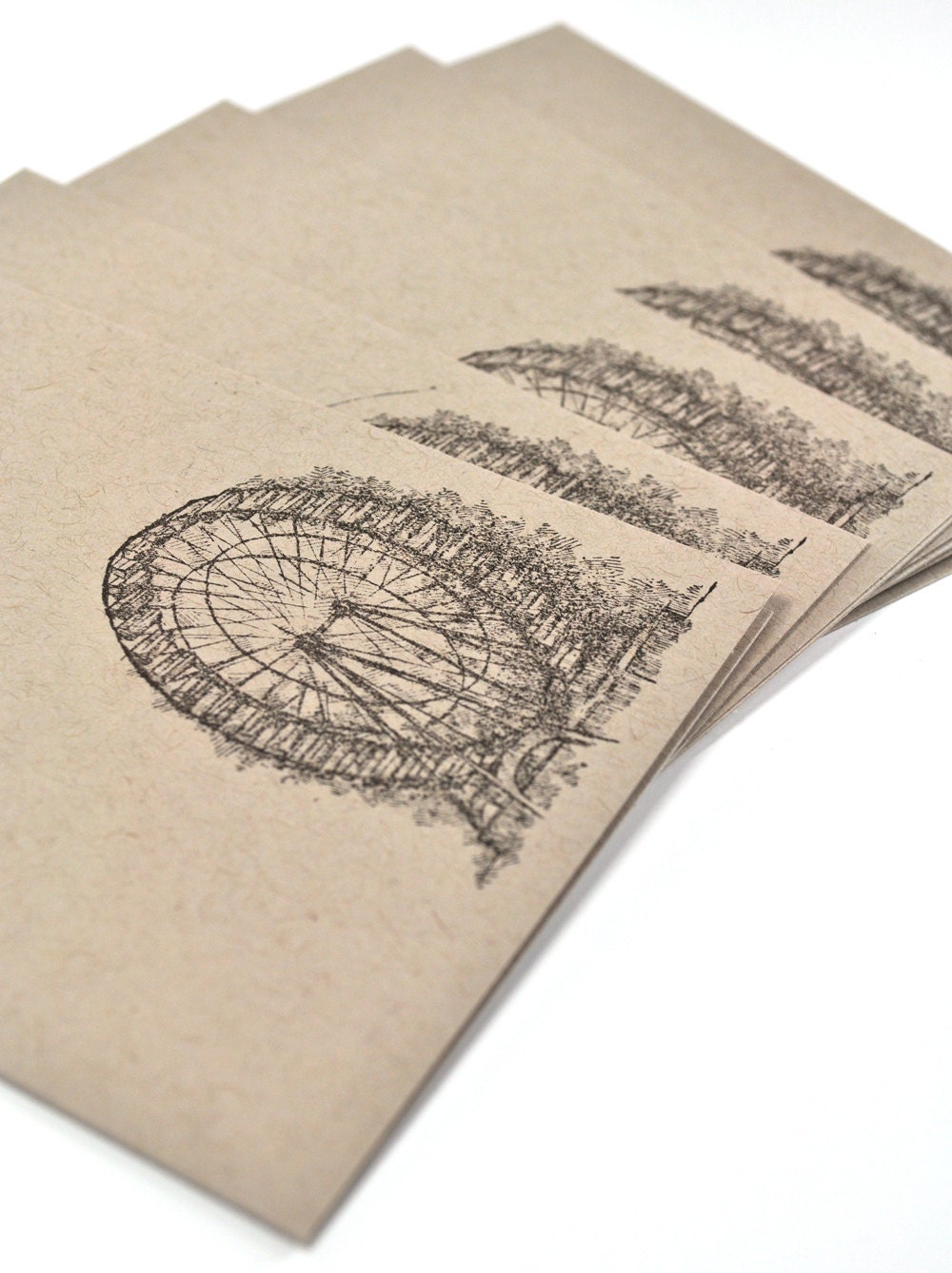 Ferris Wheel Hand Stamped Kraft Brown Cards Set of 5 with Envelopes