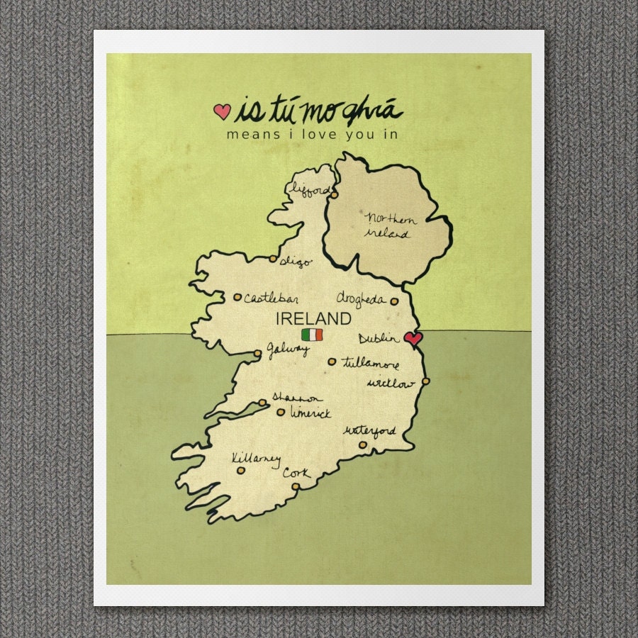I Love You in Ireland 8x10 / Typography Poster, Irish Map, Giclee, Modern Baby Nursery Decor, Illustration, European Travel Theme, Digital