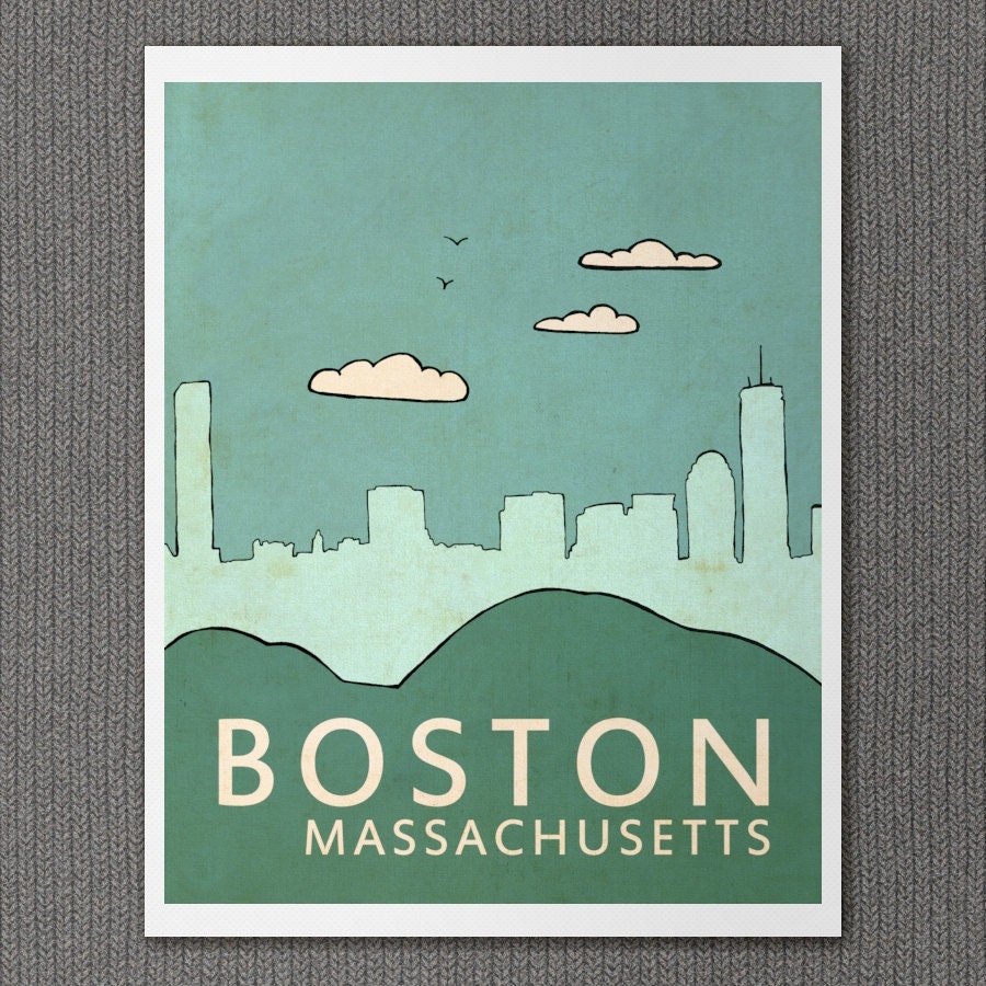 Home Decor Wall Art City Poster - Boston No.1 - Illustration and Typography Skyline Print