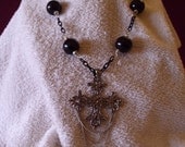Gothic cross pendant necklace with jet black glass beads