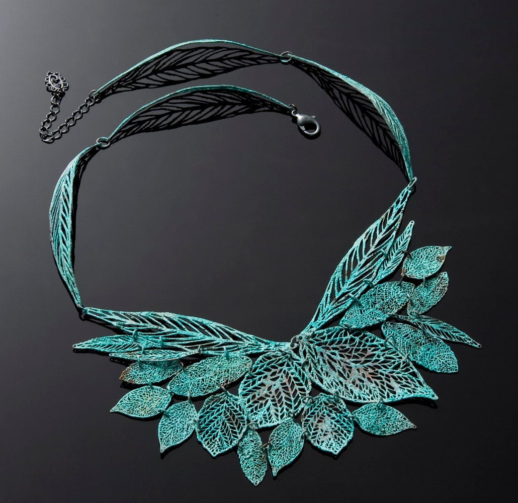 Verdigris green blue statment Leaf metal lace necklace