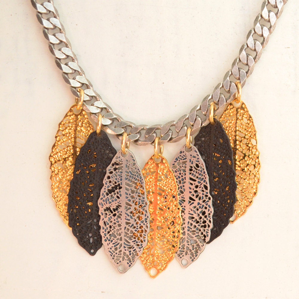 Leaf pendant necklace, Gold & Monochrome jewelry