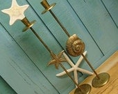 Tall Brass Candlesticks Starfish Nautilus Sea Shell Seashell Beach House Decor