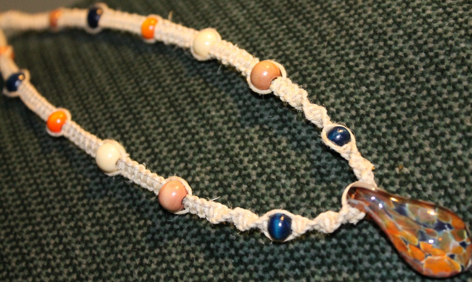 Ooak natural hemp necklace with handblown glass pendant and wood beads, macrame, colorful, unisex jewelry, hippie, music festivals