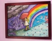 Art ORIGINAL Watercolor Painting Girl Rainbow Fox -- Transition 11x14 -- Whimsical Artwork by Selina Farmer