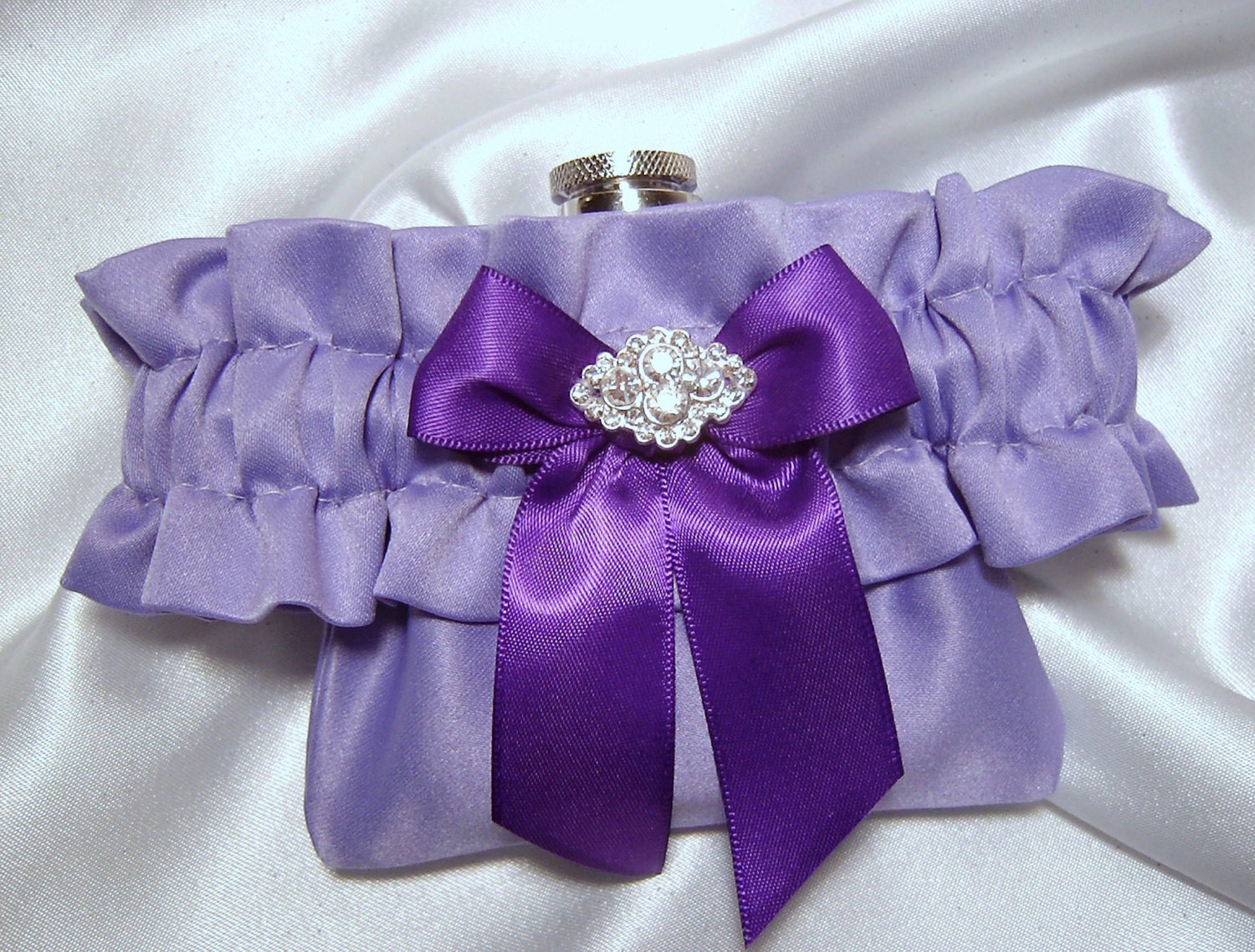 Flask Garter - Light Purple Satin Flask Garter with Regency Purple Bow and Crystal Embellishment -  3 oz Stainless Steel Hip Flask Included