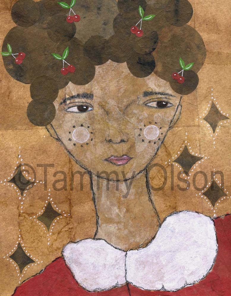 Mixed media painting, girl, collage, art, cherries, red dress 8 x 10 limited edition print 1/250