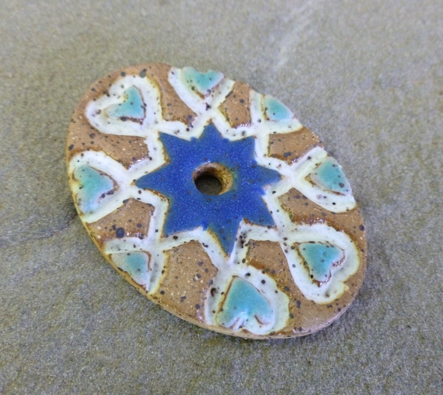 Blue Stoneware Folk Oval Pendant